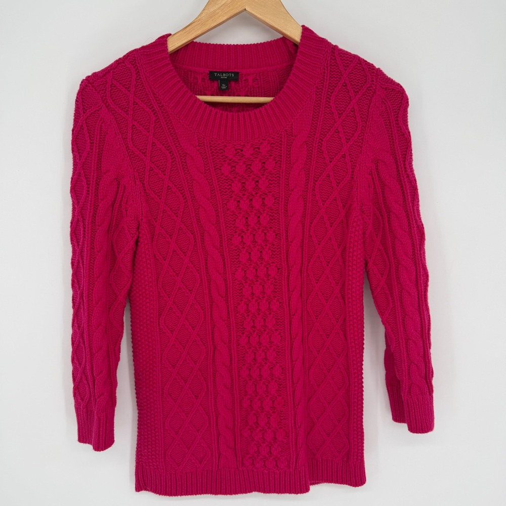 Talbots Cable Knit Sweater Pink Cotton Wool Blend Sp 3/4 Sleeve Heritage SP